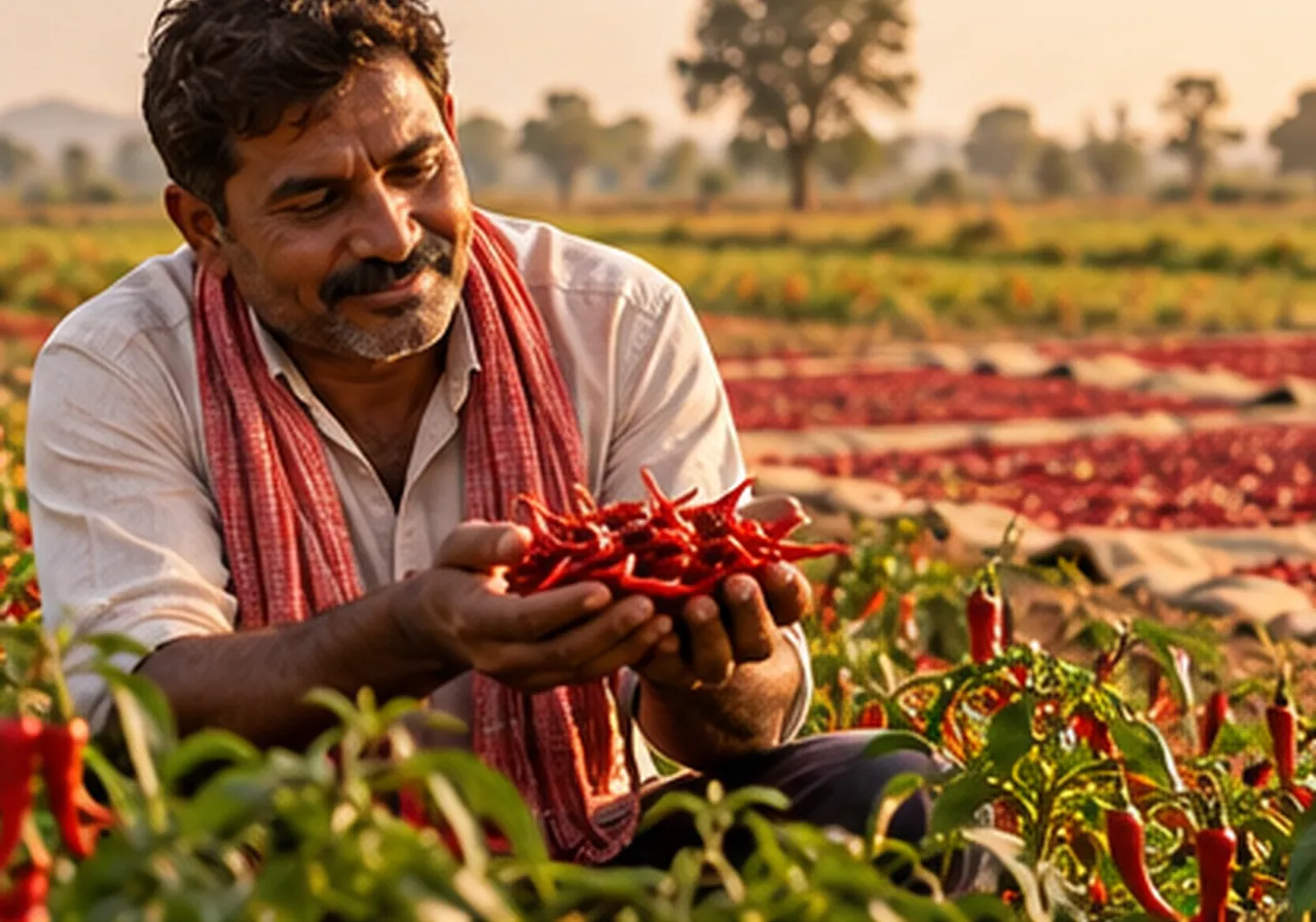 A farmer holding freshly picked red chillies