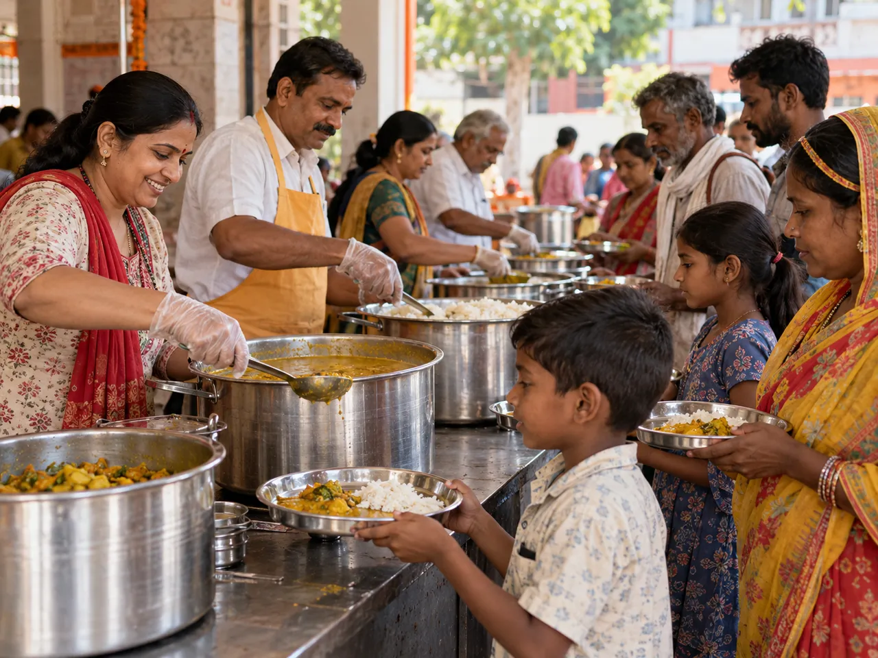 Volunteers serving food at a community kitchen